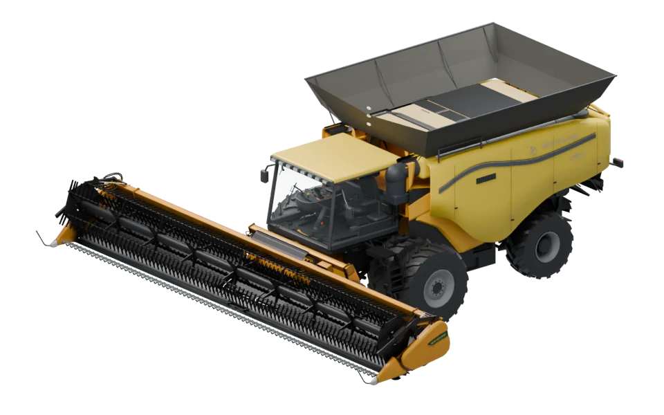 Modelo 3D da colheitadeira com plataforma de soja e trigo