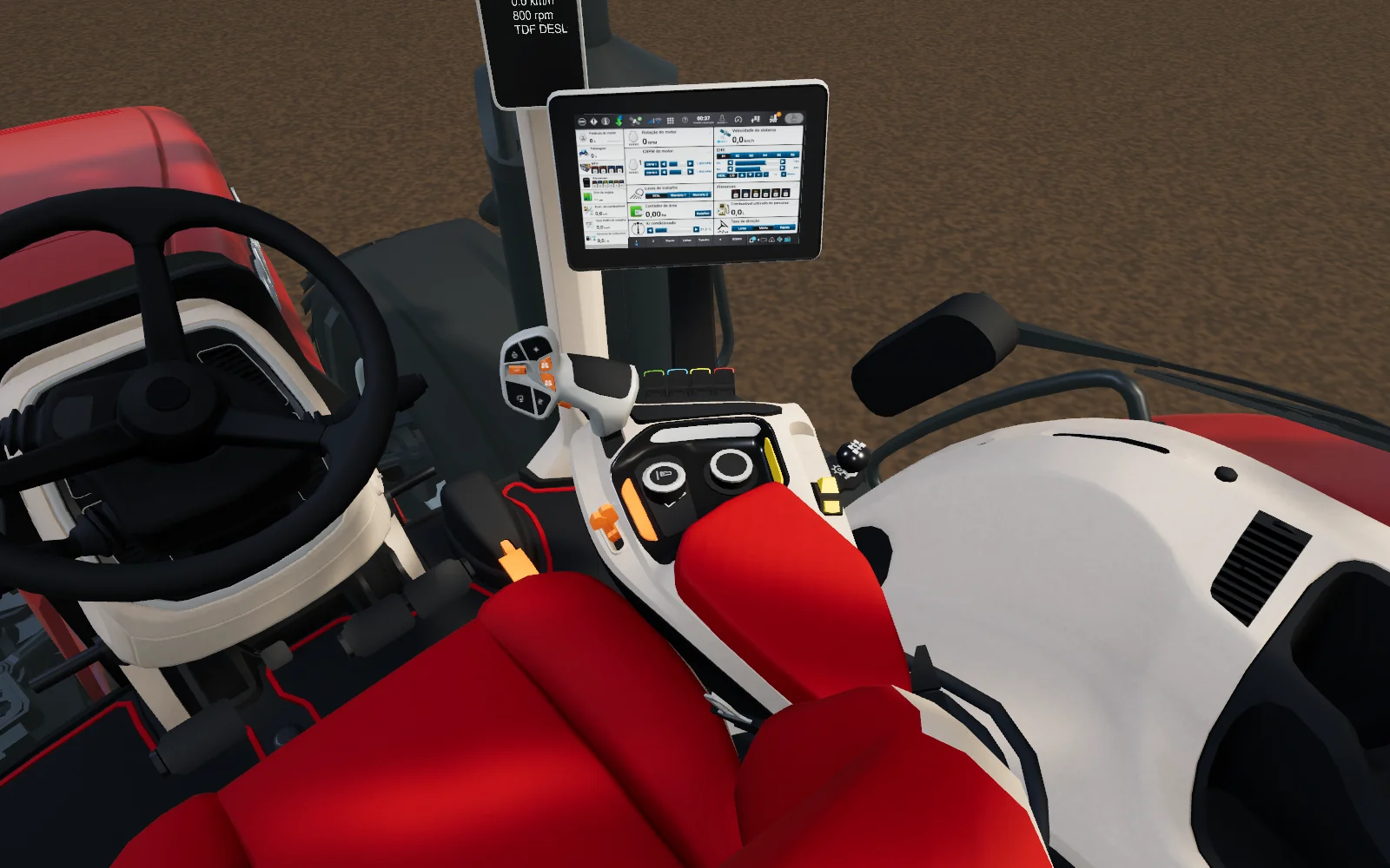 Armrest, manche, volante e monitor dentro da cabine 3D do trator