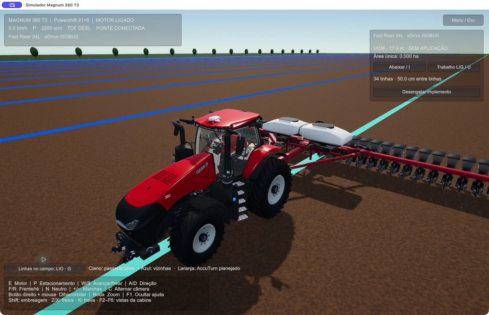 Linhas de orientação projetadas na Unity, com o trator e a plantadeira sobre o trajeto de trabalho