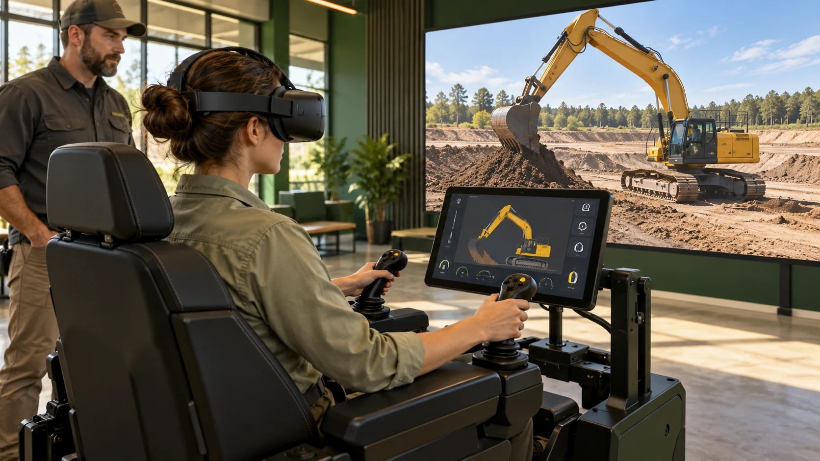 Conceito de posto de treinamento com óculos VR e controles dedicados