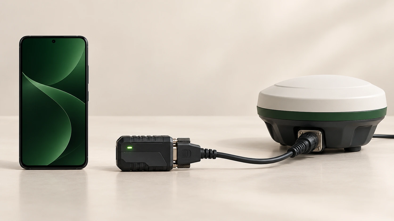 Exemplo ilustrativo de celular sem cabo, adaptador Bluetooth RS-232 e receptor GNSS ligados por cabo serial