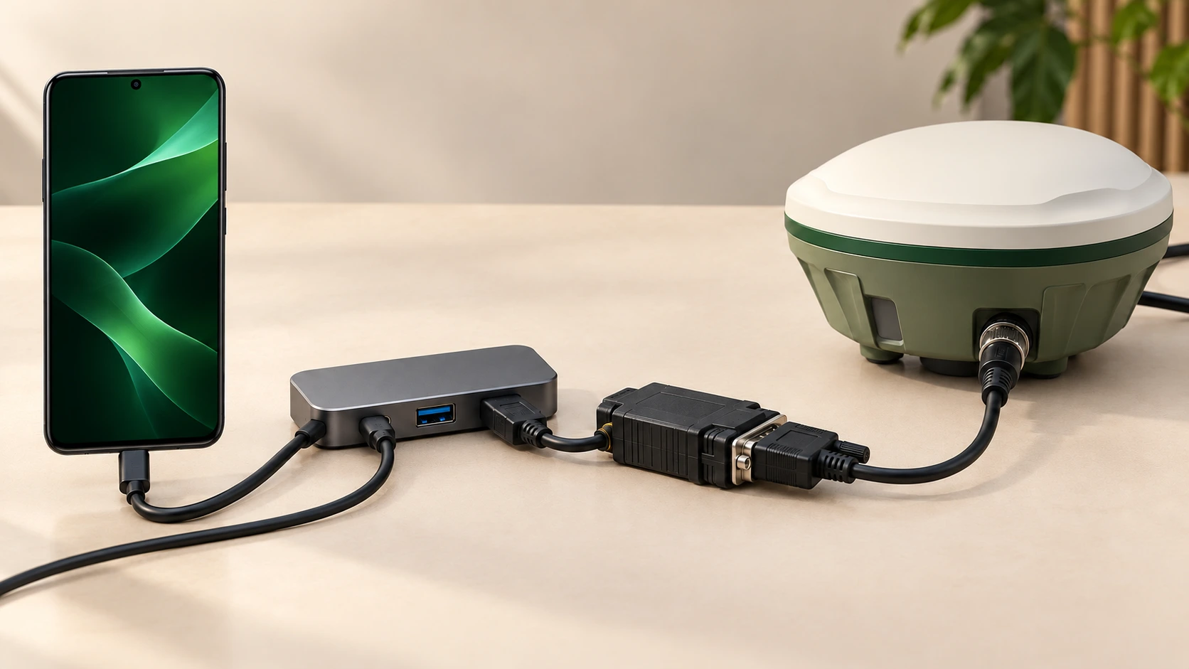 Exemplo ilustrativo de celular conectado por USB-C a hub OTG, adaptador USB RS-232 e receptor GNSS
