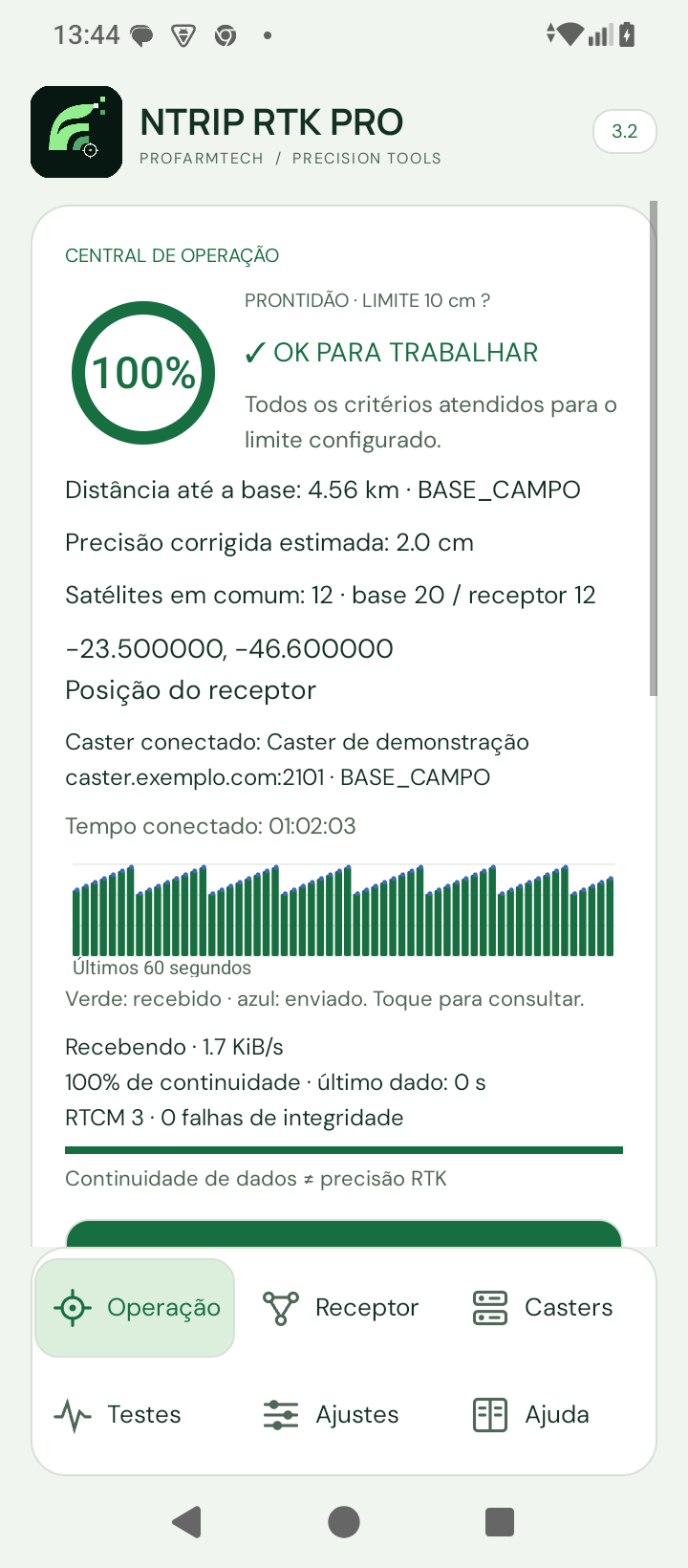 Tela Android de operação com dados demonstrativos de posição, correções e prontidão