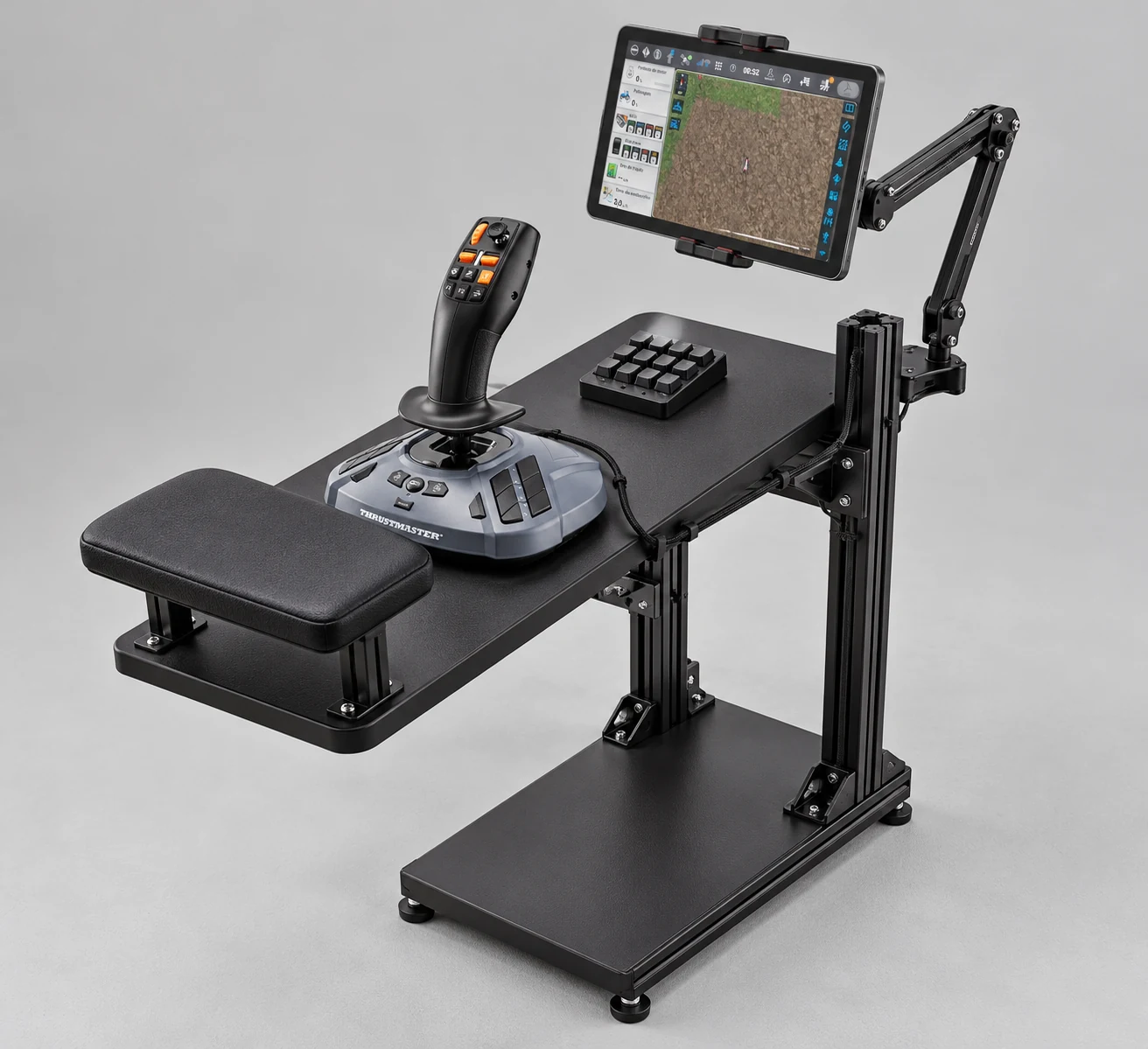 Console direito com apoio de antebraço, FarmStick, teclado de 12 teclas e tablet articulado