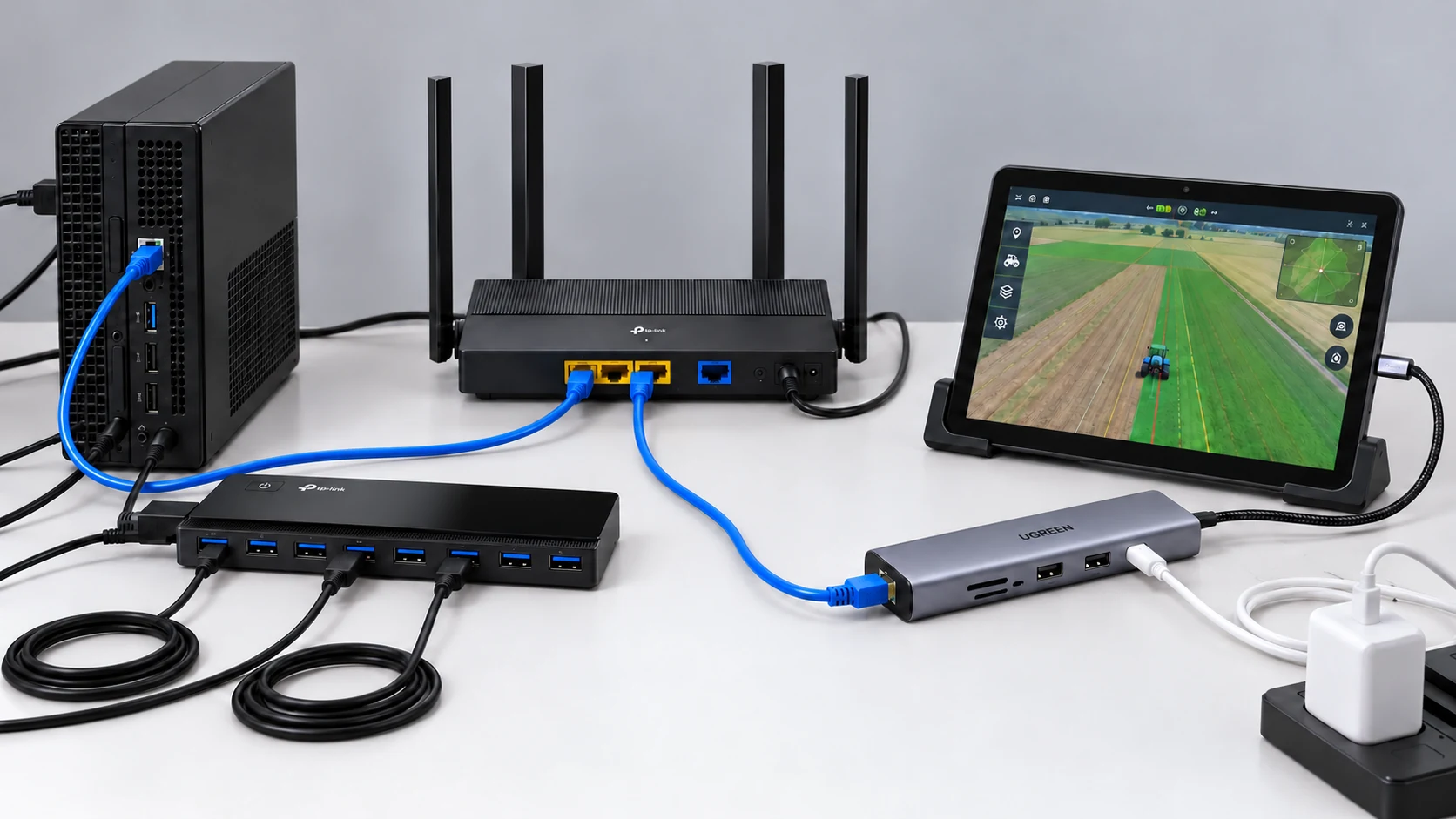 Computador e tablet conectados ao roteador por Ethernet, com dock USB-C, carga PD e hub USB para controles